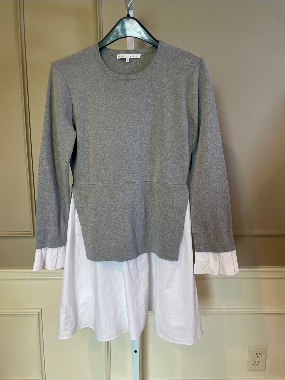 English Factory Long Sleeve Medium Anthropologie Sweater Dress Gray White Preppy